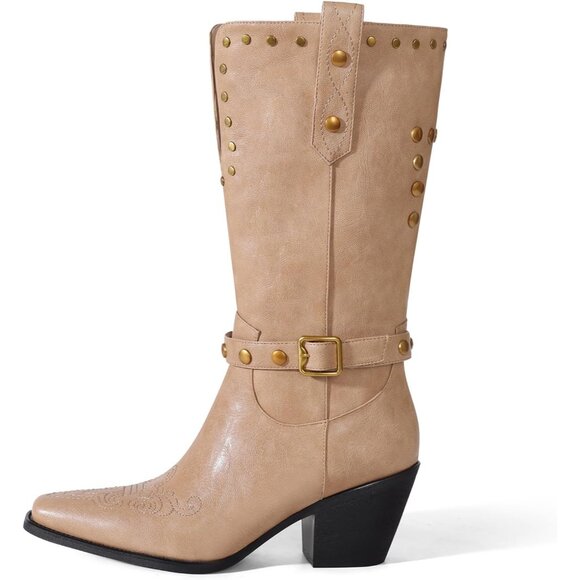 Womens Beige Faux Leather Mid Calf Square Toe Block Chunky Heel Studded Boots - Picture 2 of 6